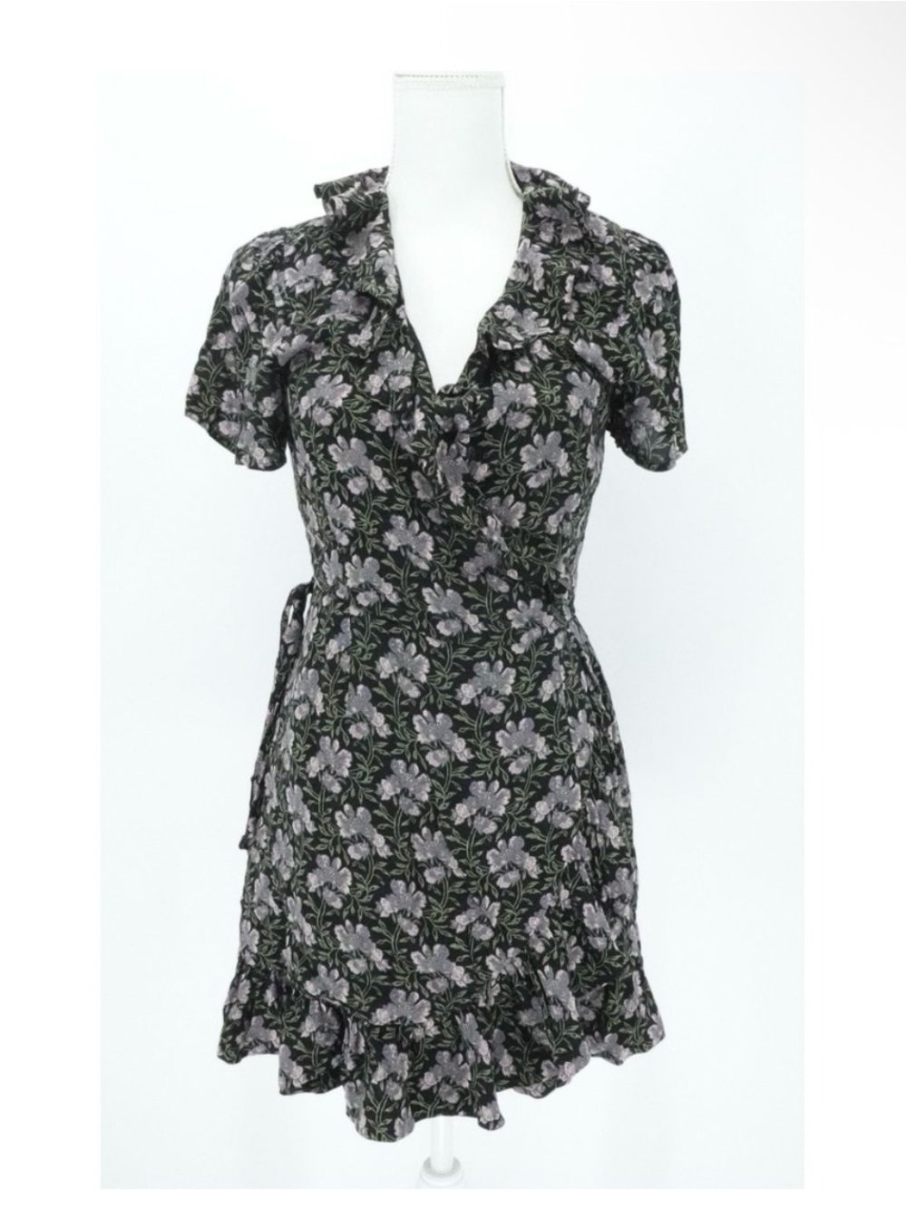 PAIGE Black Floral Ruffle Wrap Mini Dress